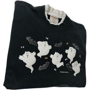 Hallmark Vintage Halloween Sweatshirt Ghosts Bats Black Size Large Made USA‎